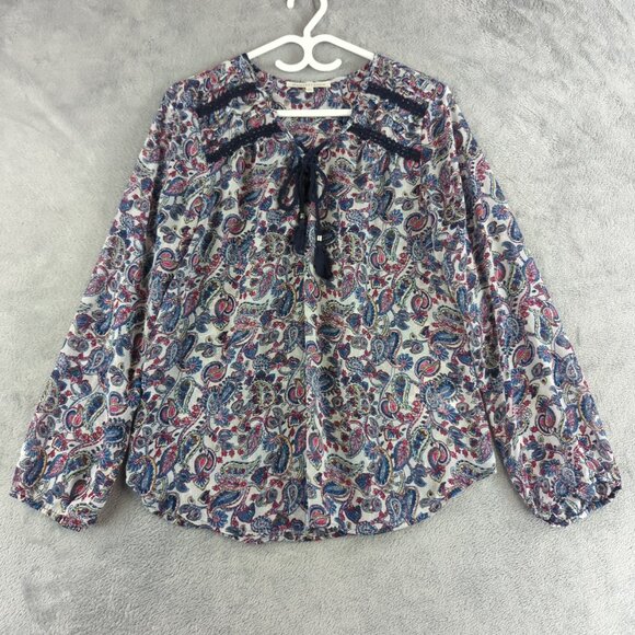 Daniel Rainn Blouse Womens Large Paisley Boho Top Blue Red Long Sleeve Polyester - Picture 1 of 11